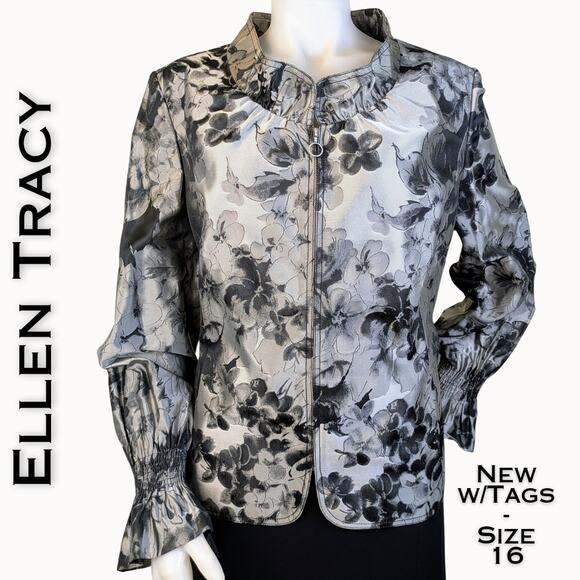 NEW Ellen Tracy Blazer 16 Black Gray Floral Ruffled Dressy Evening Cottagecore - Picture 1 of 12